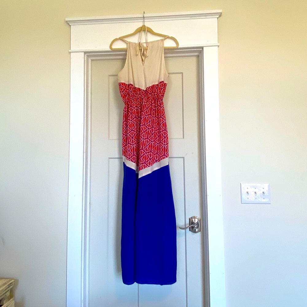 Sheer Maxi dress, tan, red and blue